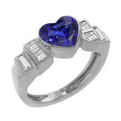 Womens Baguette Natural Earth Mined Diamond Heart Blue Sapphire Ring Bezel Set 2.50 Carats