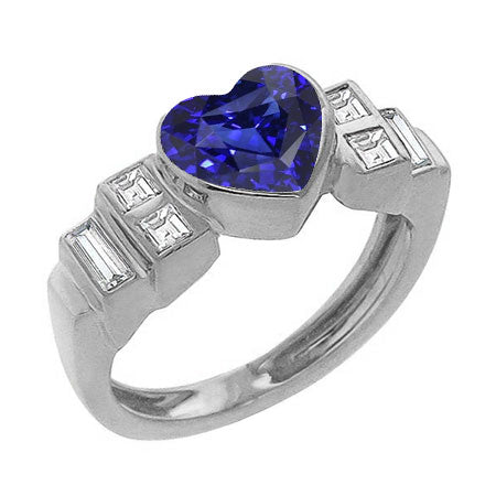 Heart Blue Sapphire Ring Baguette Diamonds