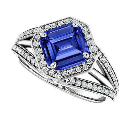 Halo Diamond Emerald Sapphire Ring