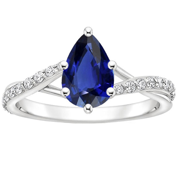 Best Amazing Stylish womans Engagement Ring Split Shank Pear Blue Sapphire & Diamonds