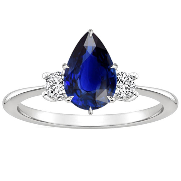 Engagement Best Amazing Stylish womans 3 Stone Ring Pear Ceylon Sapphire & Diamonds