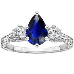 Three Stone Ring Antique Style Pear Blue Sapphire & Natural Earth Mined Diamonds 5 Carats