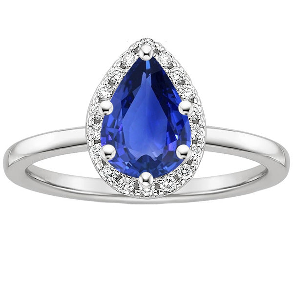 Woman's  Weeding Anniversary  Diamond Halo Ring Teardrop Style Pear Sri Lankan Sapphire