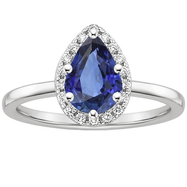 Woman's  Weeding Anniversary  Halo White Gold Ring Pear Blue Sapphire & Diamonds