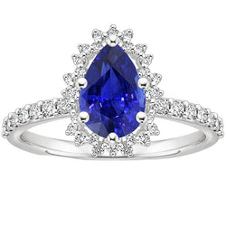 Women Halo Ring Flower Style Pear Ceylon Sapphire & Natural Earth Mined Diamonds 5 Carats