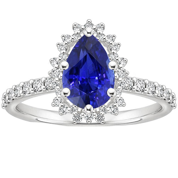 Ladies Stylish Women Halo Ring Flower Style Pear Ceylon Sapphire & Diamonds 