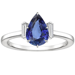 Three Stone Ring Pear Sri Lankan Sapphire & Baguette Natural Earth Mined Diamonds 3 Carats