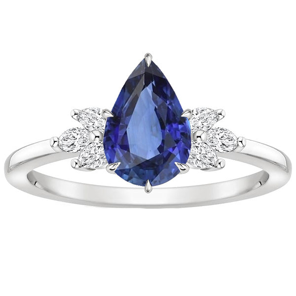 New Style Solitaire Blue Sapphire Ring Pear Cut With Diamond Accents
