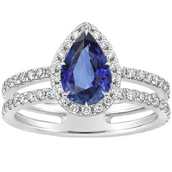 Halo Ring Double Shank Pear Blue Sapphire & Natural Earth Mined Diamonds 4.50 Carats