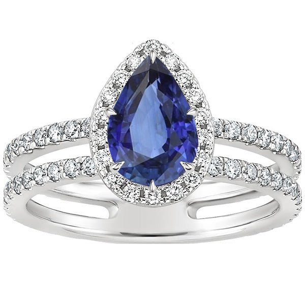 New Amazing Style Halo Ring Double Shank Pear Blue Sapphire & Diamonds
