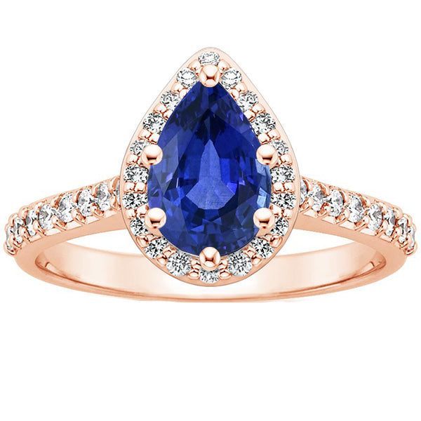 Amazing Style Females Rose Gold Halo Ring Pear Blue Sapphire & Diamonds
