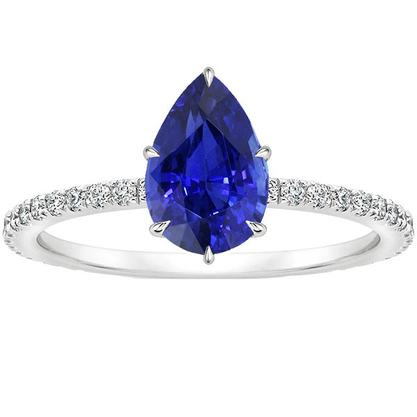 New Style Solitaire Blue Sapphire Ring Pear Cut & Pave Set Diamonds
