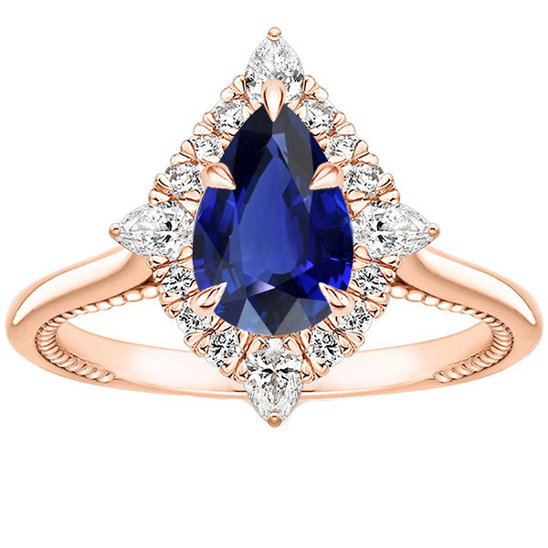New Amazing LAdies Halo Pear Cut Engagement Ring Blue Sapphire & Diamonds