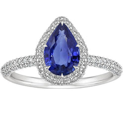 Engagement Halo Ring Pear Blue Sapphire & Natural Earth Mined Diamonds 5.50 Carats