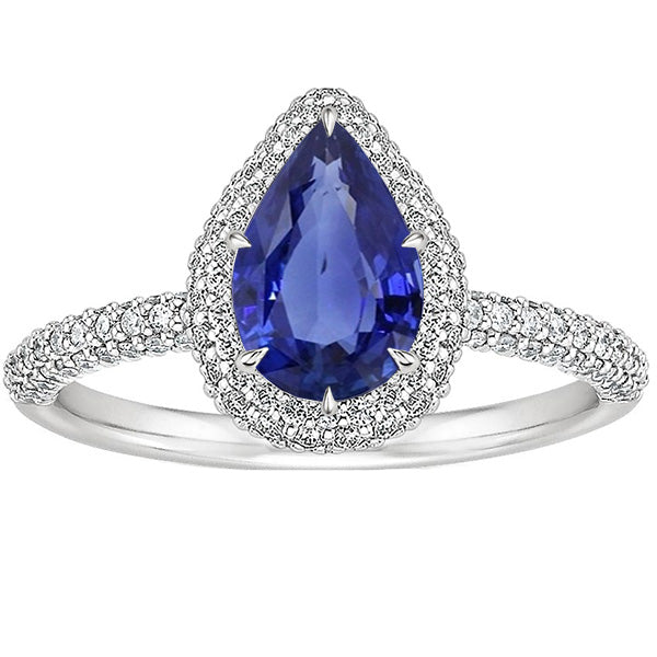 Fancy Lady’s Vintage Style Engagement Halo Ring Pear Blue Sapphire & Diamonds