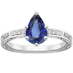 Solitaire Ring Pear Blue Sapphire With Diamond Filigree Shank 4 Carats