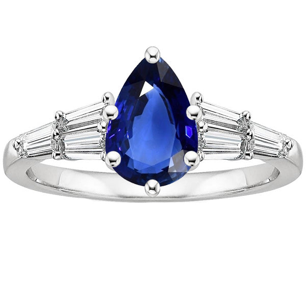 New  Women Blue Sapphire Ring With Baguette Diamond Accents