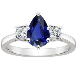 Round Natural Earth Mined Diamond 3 Stones Ring Pear Cut Ceylon Sapphire 3 Carats
