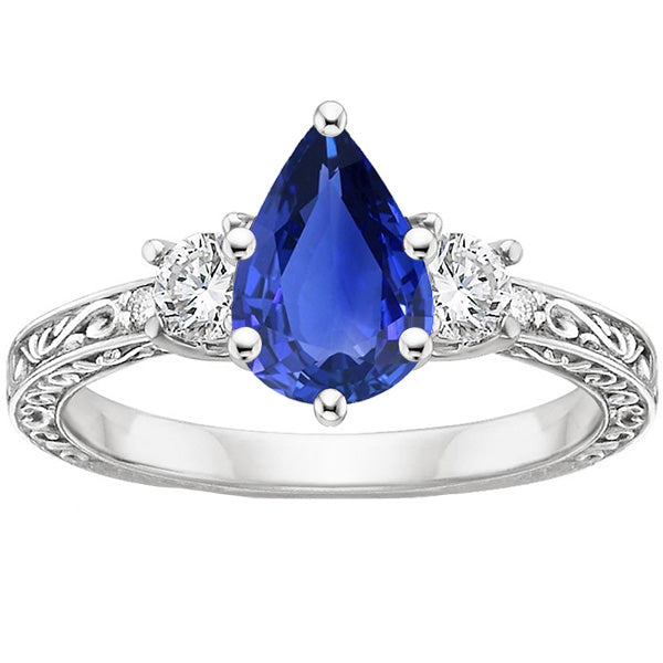 New Stylish Best 3 Stones Ring Antique Style Pear Blue Sapphire & Diamonds