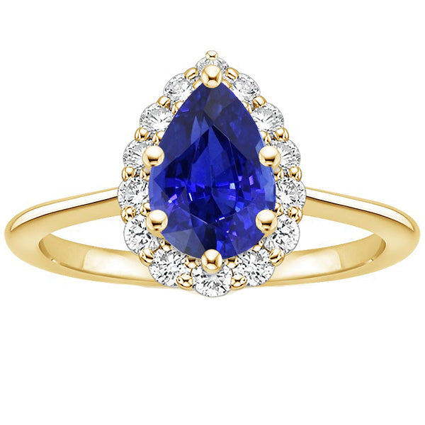 Sparkling Unique Lady’s   Halo Anniversary Ring Pear Ceylon Sapphire & Diamonds
