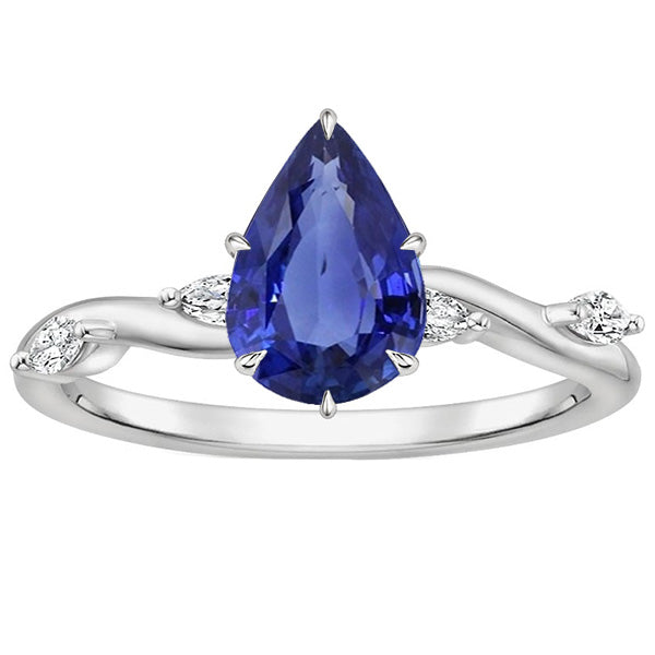 Sparkling Unique Lady’s   Women's Sapphire Ring Pear With Marquise Diamond Accents