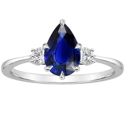Three Stone Anniversary Ring Pear Blue Sapphire & Natural Earth Mined Diamonds 3 Carats