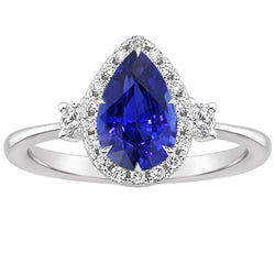 Halo 3 Stone Ring Pear Ceylon Sapphire & Natural Earth Mined Diamonds 5 Carats