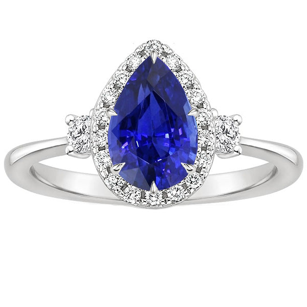 Best quality  Halo 3 Stone Ring Pear Ceylon Sapphire & Diamonds