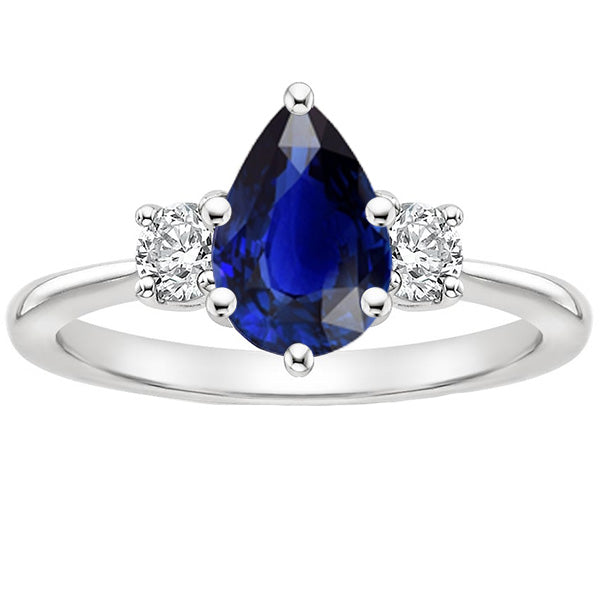 Lady’s  Round Anniversary  White Gold 3 Stone Ring Pear Ceylon Sapphire & Diamonds 