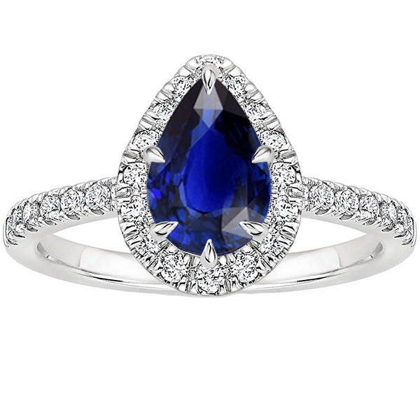 Lady’s  Round    Blue Sapphire Halo Ring Pear Cut & Pave Set Diamonds