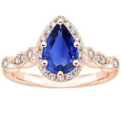 Halo Ring Vintage Style Pear Blue Sapphire & Natural Earth Mined Diamonds 4 Carats