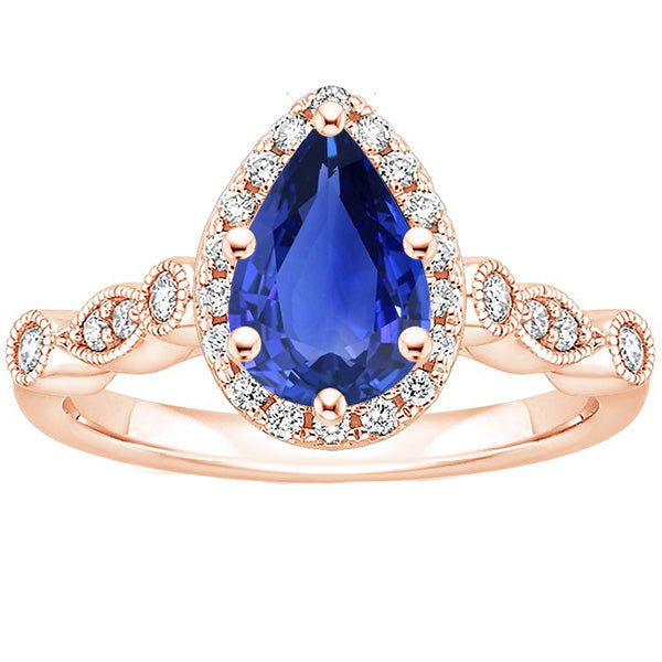 Lady’s  Round   Halo Ring Vintage Style Pear Blue Sapphire & Diamonds 
