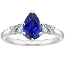 White Gold 5 Stone Ring Round Natural Earth Mined Diamond & Pear Blue Sapphire 3.25 Carats