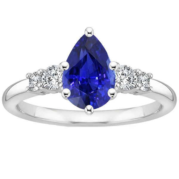 White Gold 5 Stone Ring Round Diamond & Pear Blue Lady’s  Round Anniversary   Sapphire