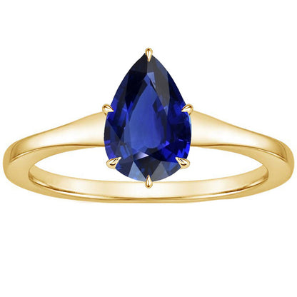 Yellow Gold Lady’s  Round Anniversary  Solitaire Ring Teardrop Style Ceylon Sapphire