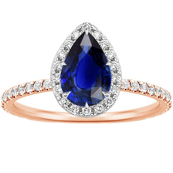 Two Tone Lady’s  Round Anniversary  Halo Ring Pear Blue Sapphire & Diamonds   Jewelry