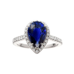 Halo Natural Earth Mined Diamond Ring Pear Cut Sri Lankan Sapphire 3.25 Carats