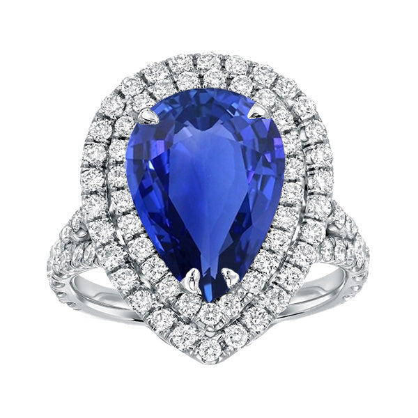Double Halo Ring Pear Sri Lankan Sapphire & Natural Earth Mined Diamonds 6.50 Carats