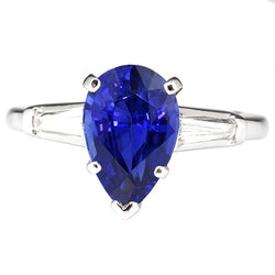 3 Stones Ring Pear Ceylon Sapphire & Baguette Natural Earth Mined Diamonds 4.50 Carats