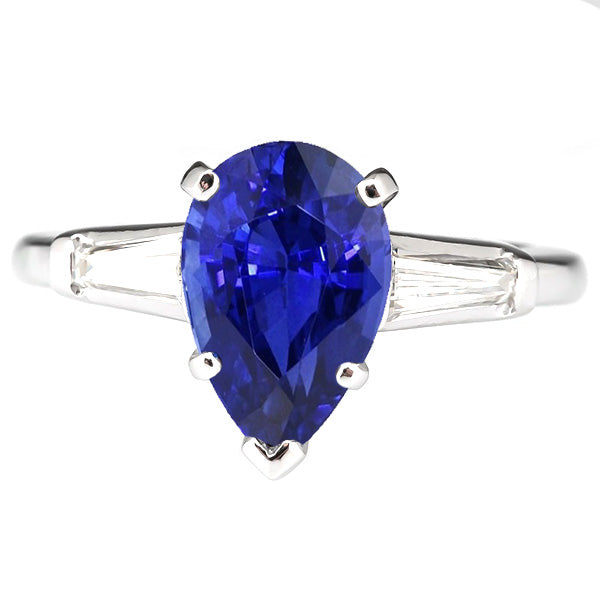 3 Stones Ring Pear Ceylon Sapphire & Baguette Natural Earth Mined Diamonds 4.50 Carats