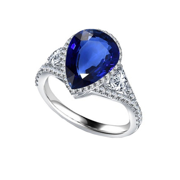 Ladies Stylish Halo Ring Bezel Set Pear Blue Sapphire & Diamond Accents
