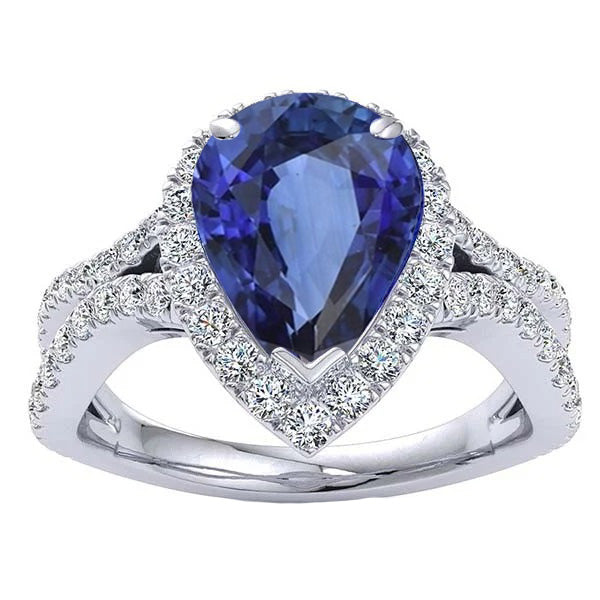 Lady’s  Round   Halo Engagement Ring Split Shank Blue Sapphire & Diamonds