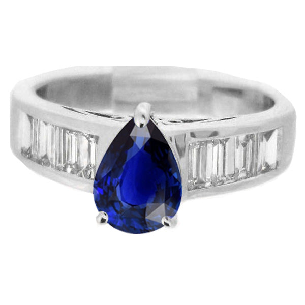 Lady’s  Round Anniversary  Solitaire Ring With Baguette Diamond Accents Blue Sapphire