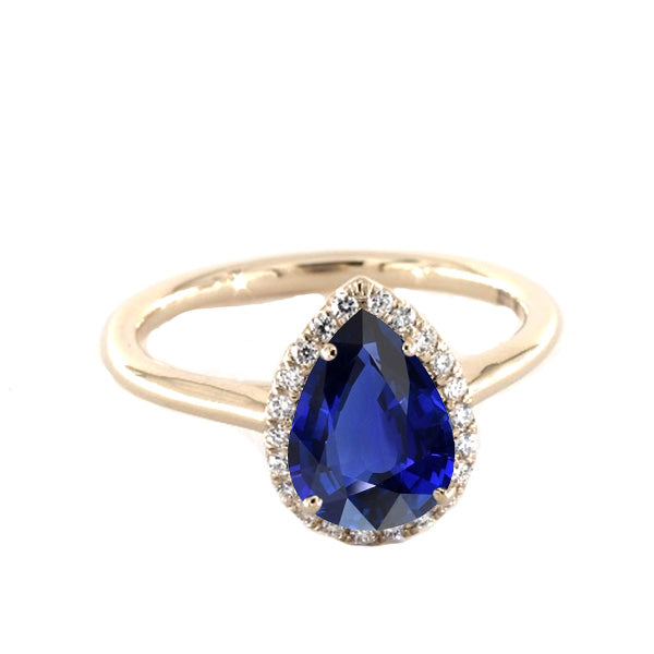 Lady’s  Round Anniversary  Halo Ring Pear Cut Ceylon Sapphire & Diamonds   Prong