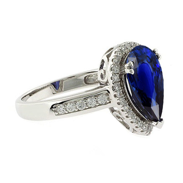  Fancy Princess Cut Style   Halo Ring Antique Style Pear Ceylon Sapphire & Diamonds