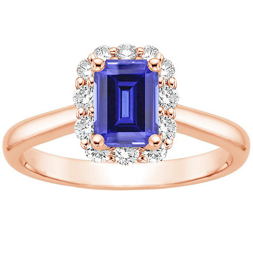 Rose Gold Lady’s Brilliant Engagement Halo Ceylon Sapphire Emerald & Diamond Ring