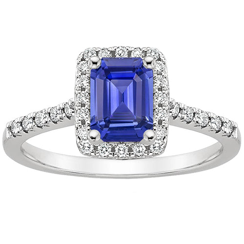 Best Quality Emerald Cut Blue Sapphire Halo Ring with Diamond