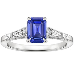 Blue Sapphire & Diamond 3 Stones Ring 3.25 Carats Emerald Cut