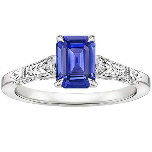 Gorgeous fancy  Blue Sapphire & Diamond 3 Stones Ring   Emerald Cut