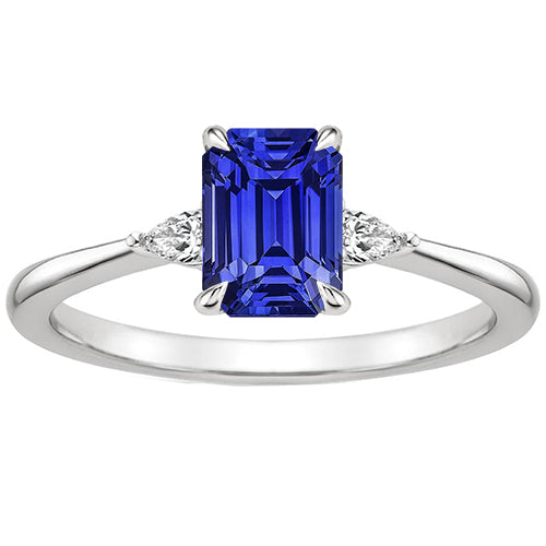 LAdies Stylish Gorgeous fancy  Diamond 3 Stones Ring Emerald & Pear Blue Sapphire